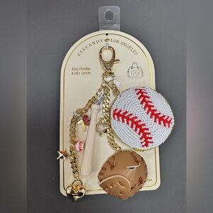 Baseball Beaded Bag Charm Keychain - White & Red with Tan Glove